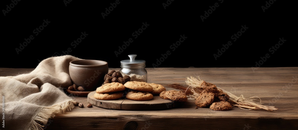 Aufkleber on an old wooden table there is a rustic setting with homemade cookies placed on a sackcloth creatin