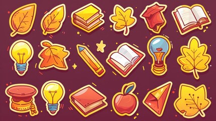Stickers with books, academic caps, rulers, pencils, autumn leaves, award, apple, golden stars, paper note, and light bulb icons. Set of teachers' day stickers.