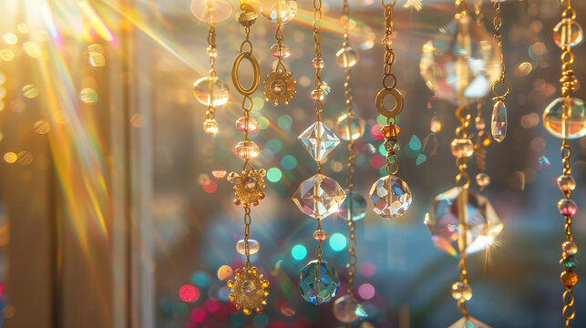 hanging crystal suncatchers with glass beads and brass rings, boho style hanging from the ceiling in front of a window, with sun rays shining through, with crystals and stars inside each one