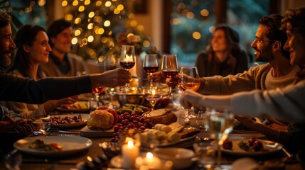 A group of friends and family raised glasses of red wine and champagne to celebrate the winter holidays, enjoying elegant and refined candlelit drinks and a memorable intimate dinner.