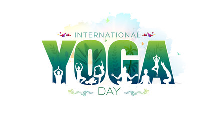 21 June, yoga day celebration background. Group of people practicing yoga and International Yoga day typography.