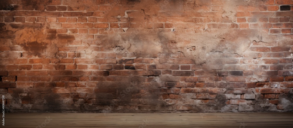 Poster an aged brick wall with a warm rustic hue offering an ideal blank space for showcasing images. copy 