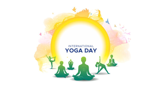 International Yoga Day background and celebration design. Group of people straching body and doing yoga.
