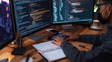 A focused software developer codes on a dual monitor setup in a modern office environment with a minimalist aesthetic. AIG41