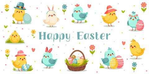 A colorful Easter-themed vector illustration with cute chicks, birds, a rabbit, Easter eggs, and flowers on a dotted background. Vector illustration
