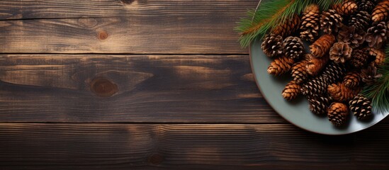 A festive plate with pine cones on a wooden background viewed from the top creating a New Year dinner concept Copy space image - Powered by Adobe