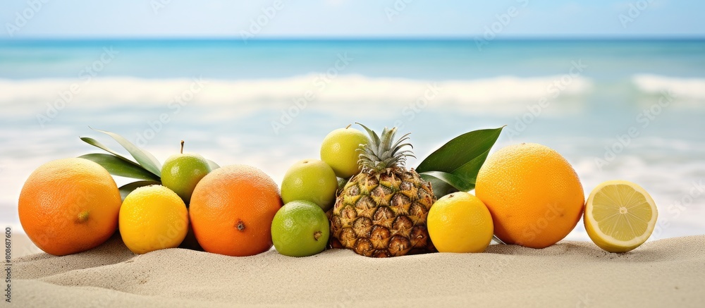 Poster exotic fruits resting on a sandy beach against the backdrop of the ocean creating a serene copy spac