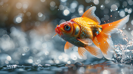 Goldfish Jumping Out of Chilled Water,
A goldfish is jumping out of the water
