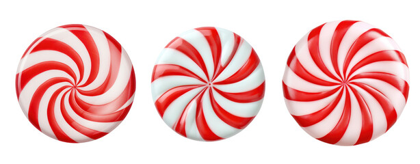 Three red and white peppermint candies on a black background.