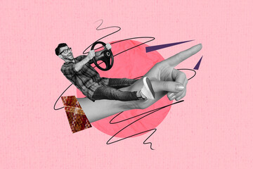 Creative collage image young crazy man drive car steering wheel handling human hand point finger...