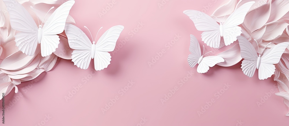 Aufkleber white angel wings and butterflies made of paper on a pink background representing the themes of east