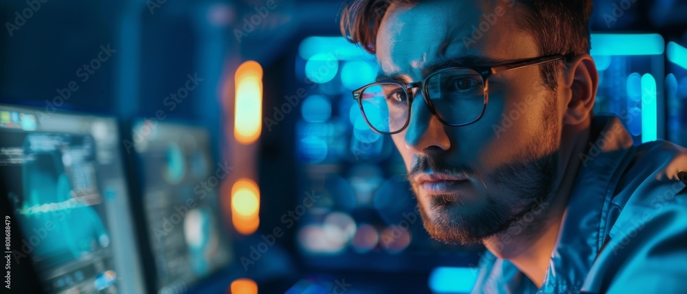 Poster overhead view of young handsome man in dark office typing code, developing modern software, developi