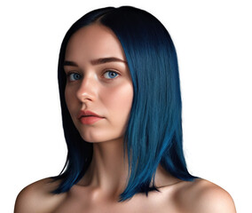 Fototapeta premium Woman with perfect skin closeup. Young woman with blue hair close-up. Beauty care. Natural light. Transparent background. Portrait, beauty, face, care, natural, glow, flawless. Cover presentation bg