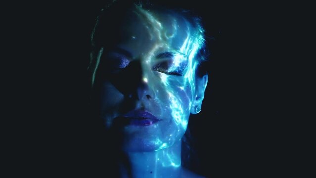 art fantasy portrait person meditating head close-up, young sexy woman and space fly stars galaxy light blue universe in thoughts, beauty face mystery happy girl eyes looking at camera, love calm 4k