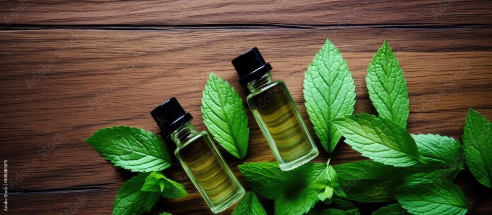 Poster top view of men s cosmetic bottles with mint leaves on a wooden background creating a visually appea