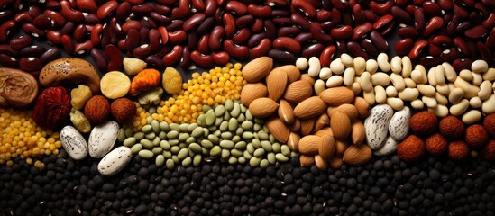 A mix of organic legumes including white rice lentils red lentils chickpeas and kidney beans with a composition of various raw dry legumes Copy space image