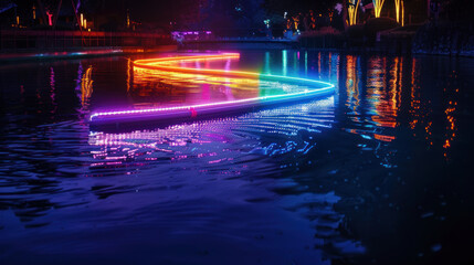 Neon lights shine brightly in the dark, reflecting off the water below. This creates a beautiful and eye-catching display that is perfect for exhibitions and events.