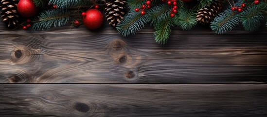 An old wooden background featuring evergreen fir twigs adorned with vibrant red baubles and pine cones providing ample copy space for images - Powered by Adobe
