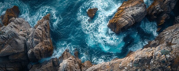 Dramatic Overhead Shot of Rugged Coastline. Natural Wallpaper, with Coastal Rocks and Crashing Waves.