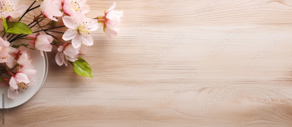 Poster the light wooden background features a stylish and simple table setting accompanied by beautiful flo