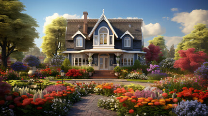 Fototapeta na wymiar Classic house with flower garden