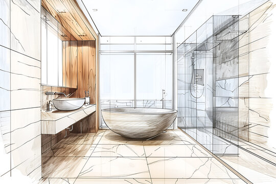 Hand drawn color sketch of modern luxury bathroom interior with freestanding bath and panoramic window Interior design concept