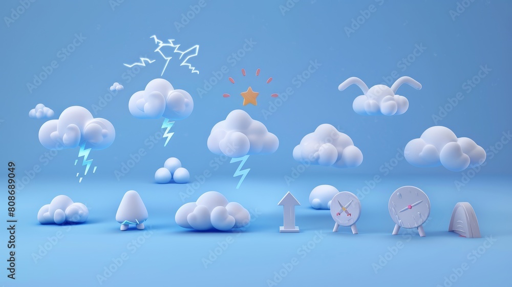 Poster icons set of 3d render weather icons, clouds with lightnings, snow and rain. isolated objects on a p