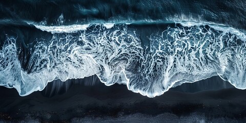 Aerial view of waves on black sand beach - Powered by Adobe