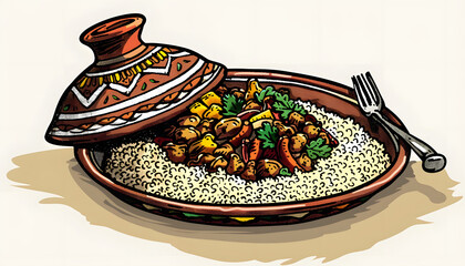 Clipart of a mouthwatering plate of Moroccan tagine with couscous ar7 4 v6 0 Generative AI