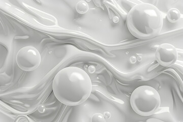 abstract white background with spheres and fluid shapes, monochrome. The artwork depicts spheres and fluid shapes on a white background