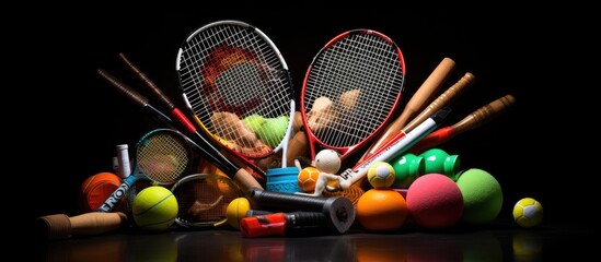 Sports equipment including darts table tennis racket and ball shuttlecocks badminton racket and tennis ball arranged on a black background Provides a sporty atmosphere and copy space for your text