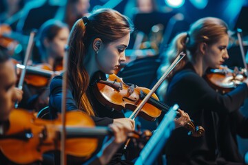 Fototapeta premium Elegant symphonic orchestra performing classical music concert with precision and elegance on stage