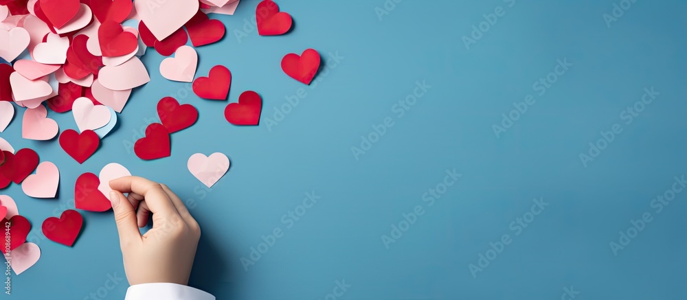 Poster a top view of a child s hands cutting paper near various sized red and pink hearts on a blue backgro