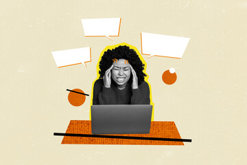 Composite photo collage of stressed american girl office workload macbook notifications freelance...