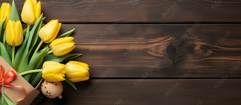 Poster a top view of yellow tulips arranged in a paper bag with an easter egg nest on a wooden background t