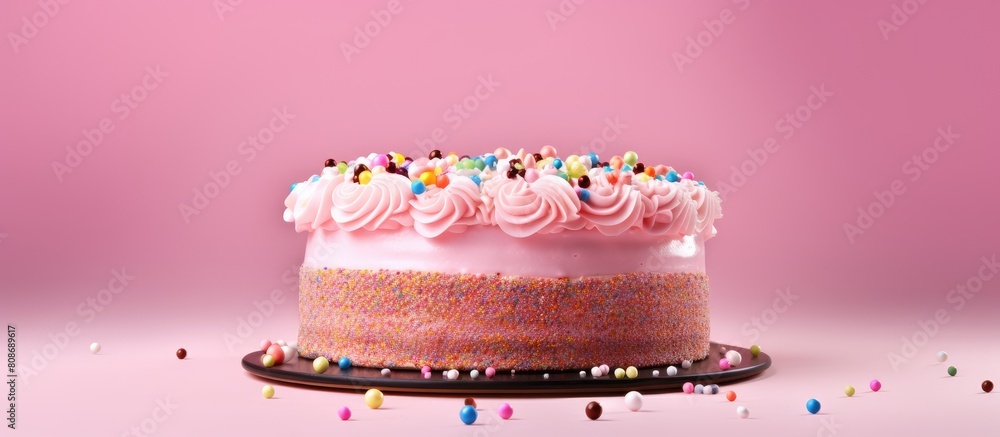 Aufkleber a vibrant birthday cake adorned with sprinkles stands on a pink backdrop leaving plenty of space for