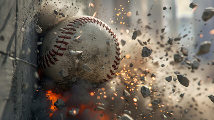 Powerful baseball shatters a concrete wall, demonstrating immense force.