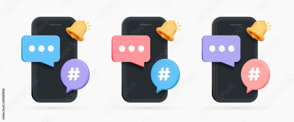 Aufkleber 3d mobile phone with speech bubble message and bell notification. online communication. comments thr