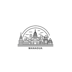 Managua cityscape skyline city panorama vector flat modern logo icon. Nicaragua capital emblem idea with landmarks and building silhouettes. Isolated thin line black graphic