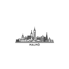 Malmo cityscape skyline city panorama vector flat modern logo icon. Sweden town emblem idea with landmarks and building silhouettes. Isolated thin line black graphic