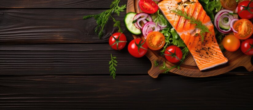A top down view of a delicious healthy meal consisting of grilled salmon paired with a fresh vegetable salad and ripe tomato The image can serve as a background with room for text ideal for those fol