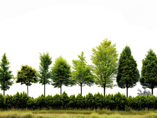 Lush Green Trees and Shrubs Isolated on White Background