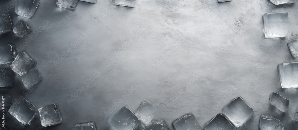 Poster grey table with ice cubes arranged in a flat lay composition creating ample empty space for adding t