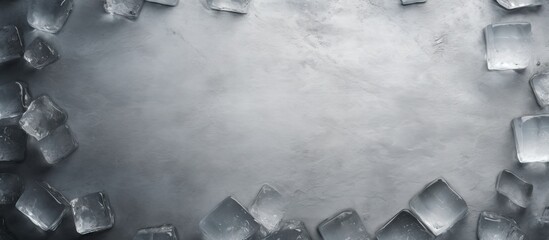 Grey table with ice cubes arranged in a flat lay composition creating ample empty space for adding text or other copy in the image