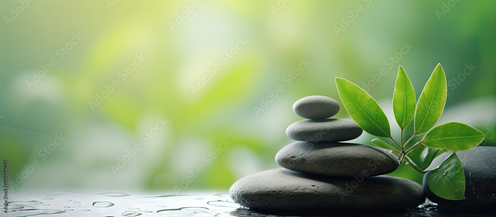 Poster blurred background with wet spa stones and green leaves creating a copy space image