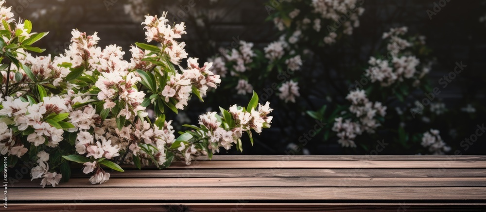 Poster wooden boards serve as the backdrop for a beautiful myrtle in full bloom creating a captivating copy