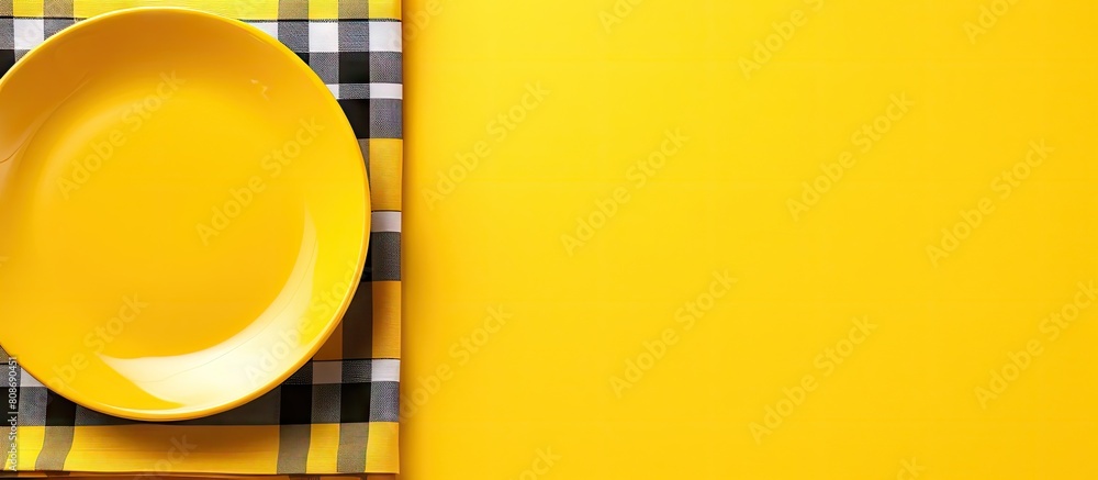 Poster colored background with a top view of an empty round yellow plate placed on a tablecloth for food th
