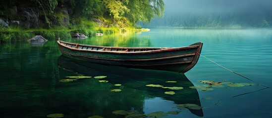 A rowing boat made of weathered wood floats peacefully on the calm blue river embraced by the vibrant green riverbank The serene scene is captured in this copy space image