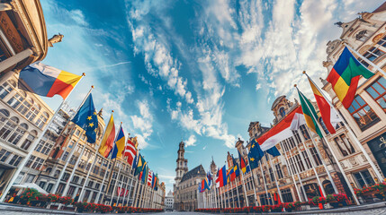 Commemorate Europe Day with an array of flags adorning the cityscape.
