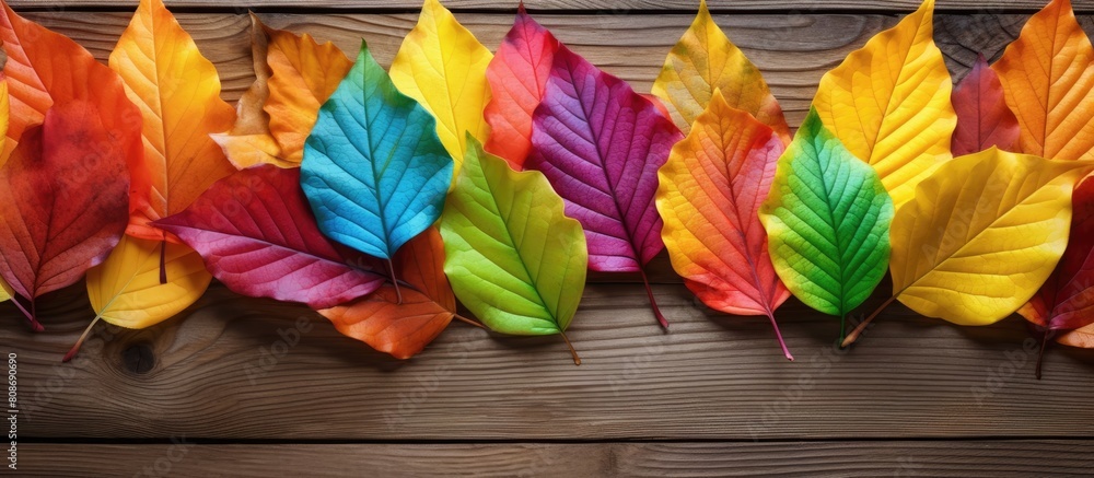 Poster top view of colorful plastic autumn leaves arranged on an old wooden floor creating a vibrant and ey